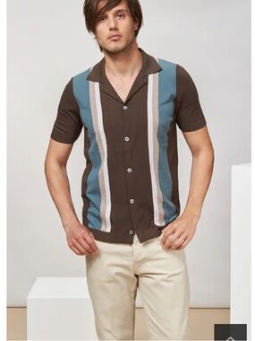 Gran Sasso Fresh Cotton  Short Sleeve Button Down Knit Shirt Strips Brown Blue L